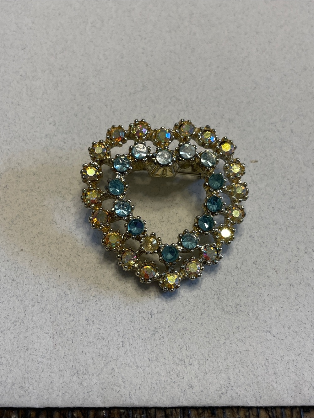 Vintage Rhinestone Heart Pin
Aqua and AB Rhinestones